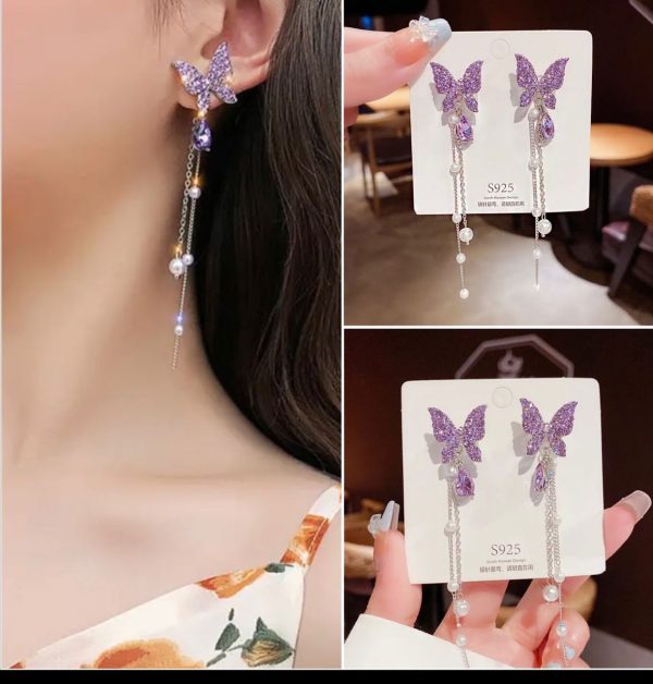 FAIRY VINTAGEPURPLE RHINESTONE BUTTERFLY DANGLE EARRINGS FOR WOMEN AND GIRLS - Image 2